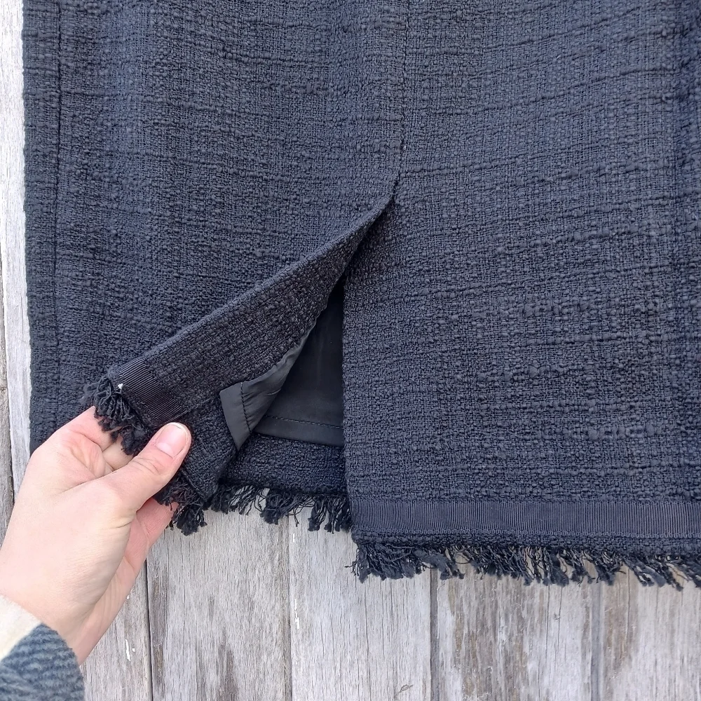 J. Crew‎ Womens Sz 0 Black Tweed Pencil Skirt Fringe Hem Textured  Knee Length